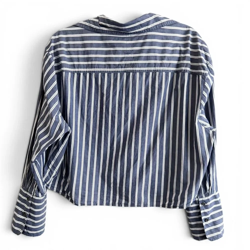 blue striped cropped boxy button up shirt collared top medium by banana republic - Picture 2 of 10